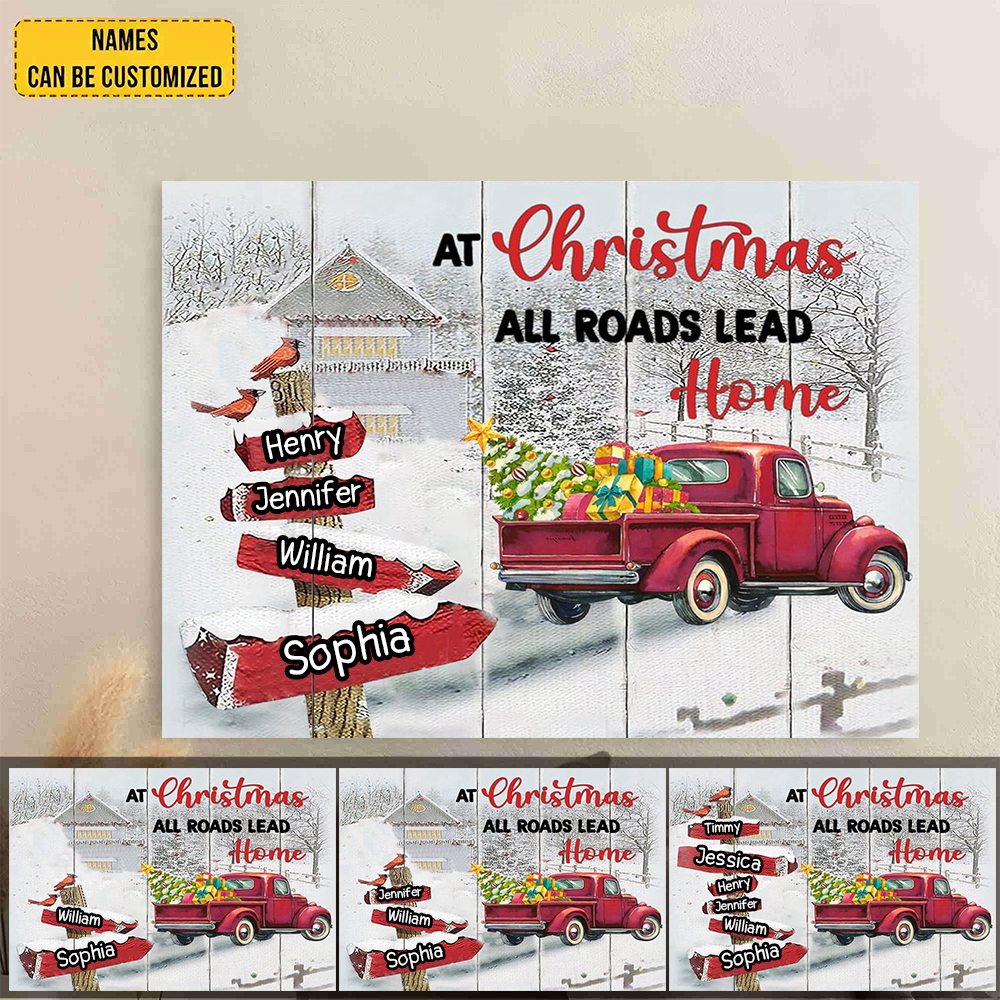 Personalized Family Christmas Canvas Wall Art At Christmas All Roads Lead Home Wrapped Canvas