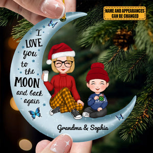 Cute Grandma & Grandkid On Moon Christmas Gift For Granddaughter Grandson Personalized Acrylic Ornament