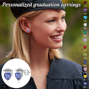 Personalized Graduation Cap Heart Birthstone Stud Earrings