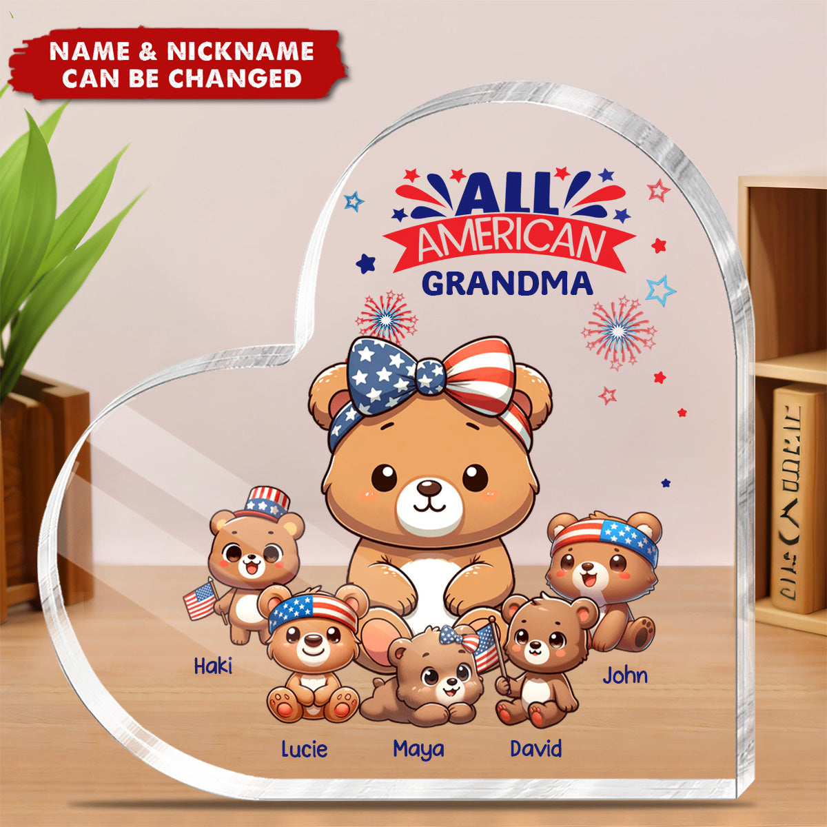 All American Nana Grandma Cute Bear Personalized Heart Shaped Acrylic Plaque