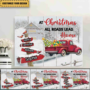 Personalized Family Christmas Canvas Wall Art At Christmas All Roads Lead Home Wrapped Canvas