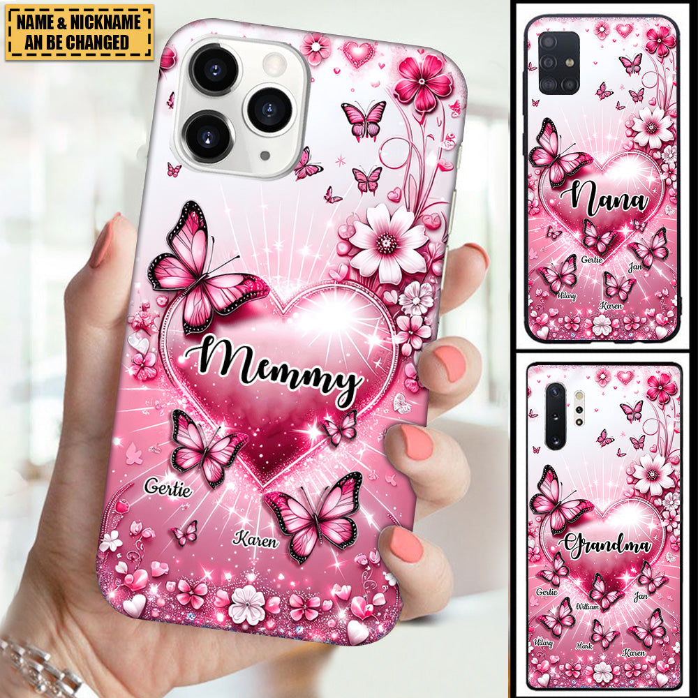 Sparkling Pink Butterflies And Flowers Personalized Silicone Phone Case For Grandma Mom