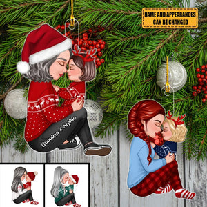 Christmas Tree Personalized Ornament - Grandma Mom Hugging Kissing Kids