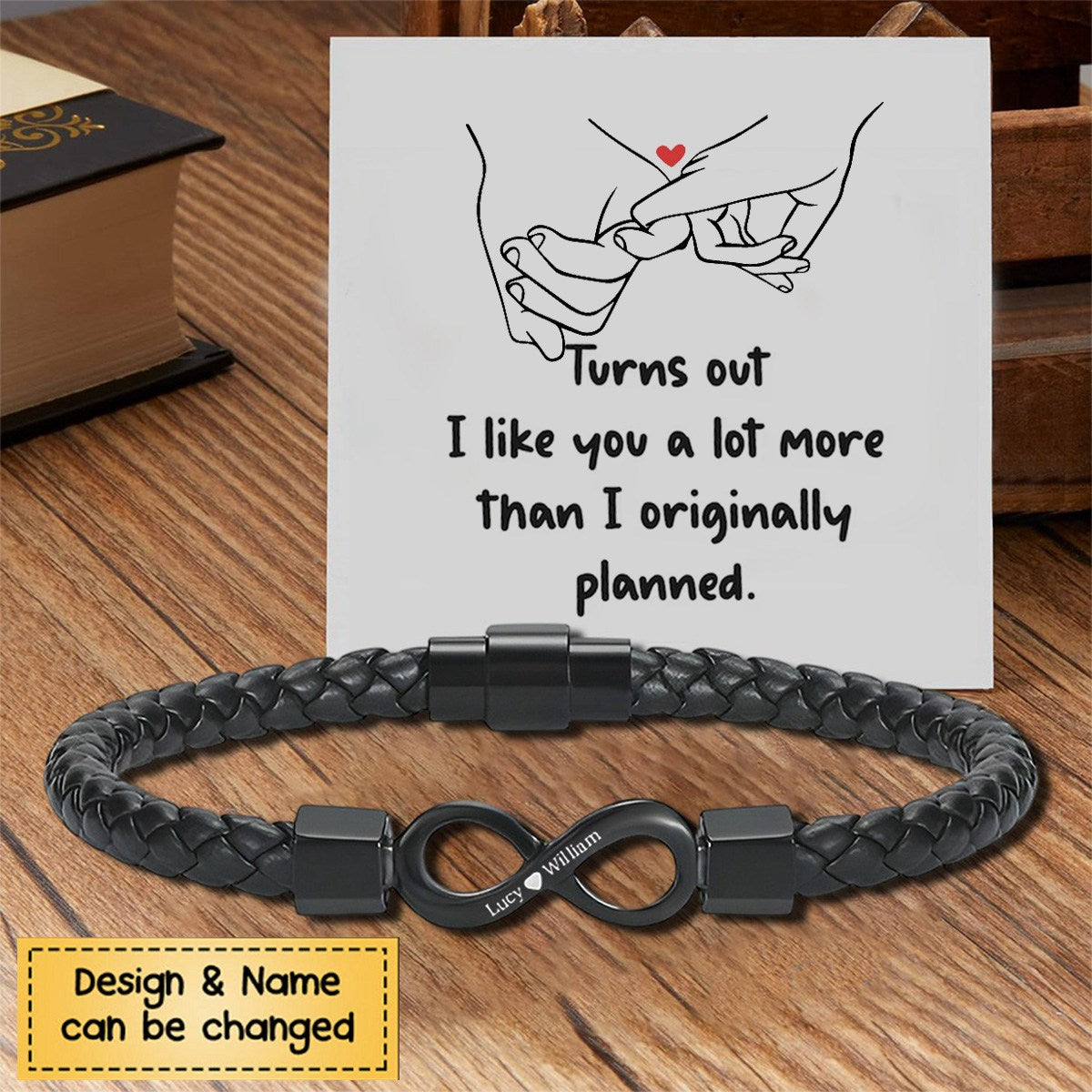 Turns out I like you a lot more than I originally planned Personalized Dual Name Infinity Leather Bracelet