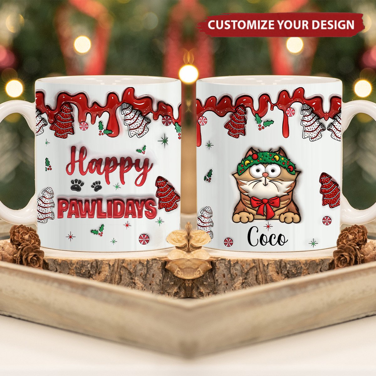 Meowy Catmas Funny Cartoon Cats - 3D Inflated Effect Printed Mug, Personalized White Edge-to-Edge Mug