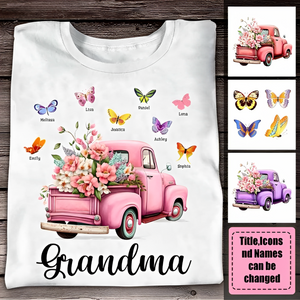 Gift For Grandma Pink Floral Truck Butterflies T-shirt