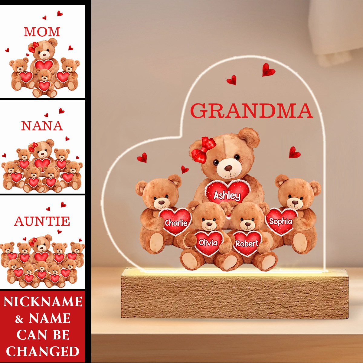 Grandma Mom Auntie Bear Personalized Custom Shape Acrylic Plaque Warm LED Night Light
