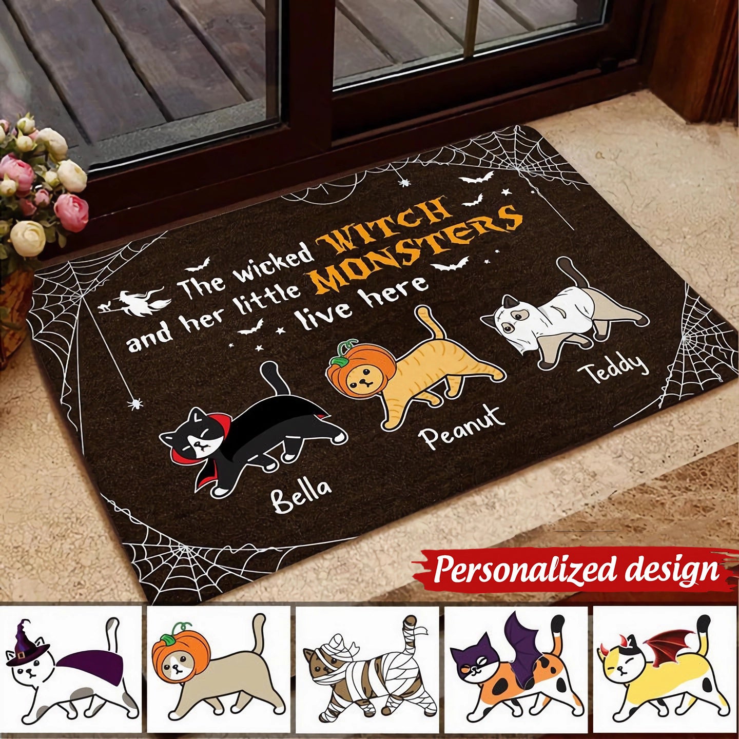 Wicked Witch And Monster Cats Live Here Halloween Personalized Doormat