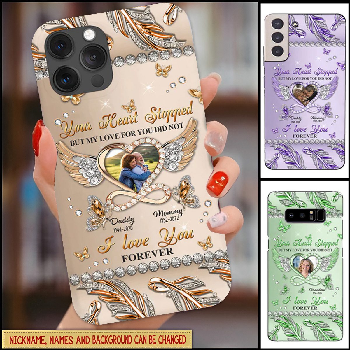 Sparkling Memorial Upload Photo Heart Infinity Butterflies, I Love You Forever Personalized Phone Case
