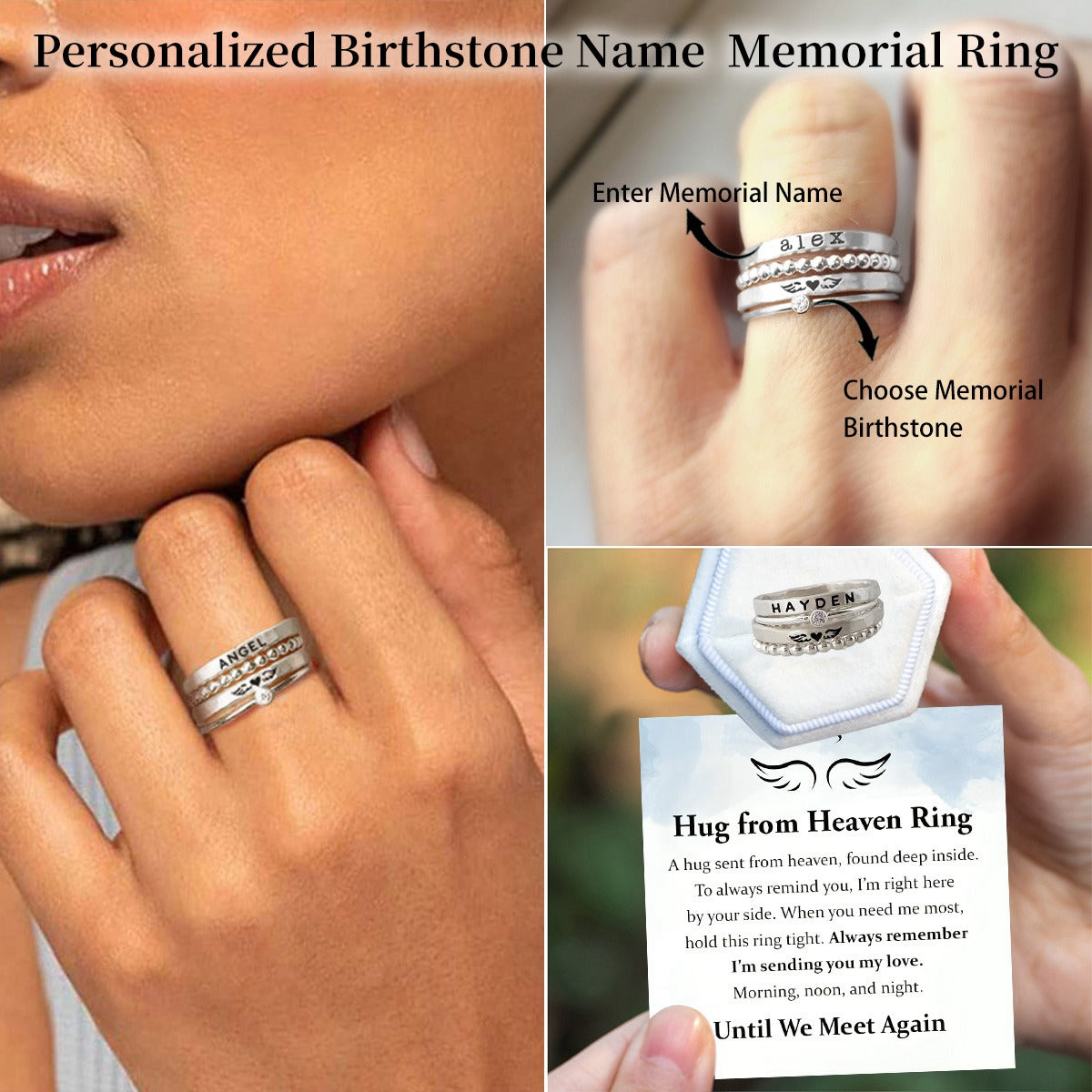 Personalized Birthstone Ring with Name - Angel Wings Memorial Gift