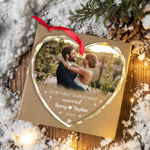 Personalized Our Christmas Married Ornament, Custom Couple Photo Glass Ornament