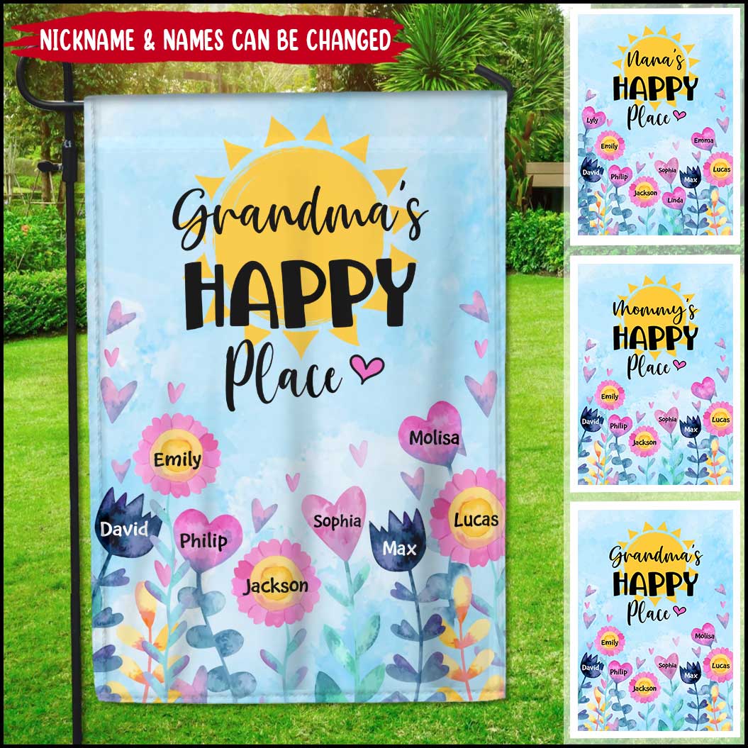 Grandma's Happy Place Personalized Garden House Flag - Gift for Grandma Mom Auntie