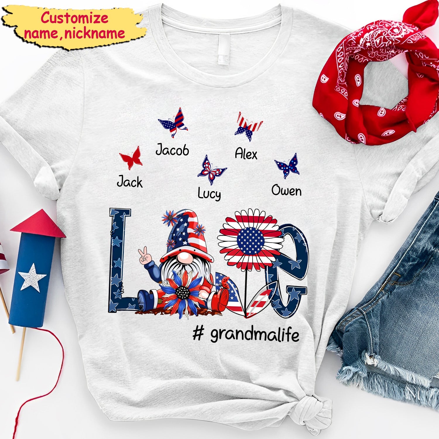 4th of July Independence Day Grandma With Cute Butterflies Grandkids Personalized T-shirt