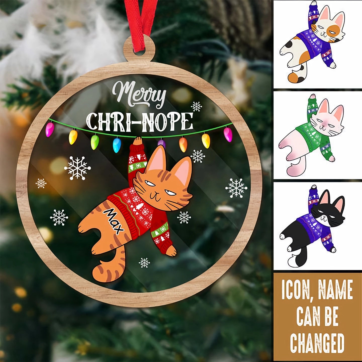 Personalized Merry Chri Nope Cat Christmas Wooden & Acrylic Layered Ornament