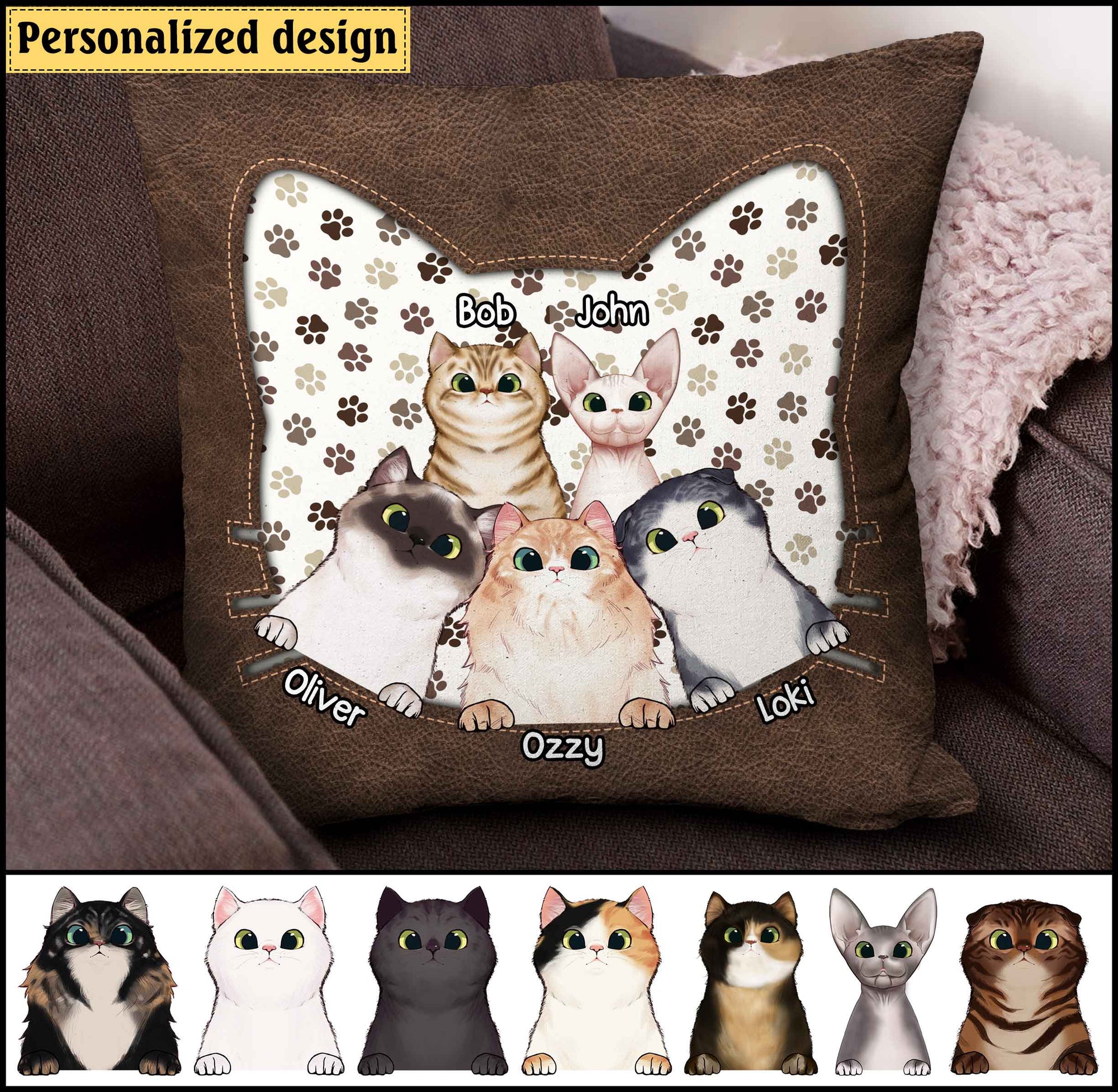 Personalized Cat Mom Cat Dad Fur Baby Kittens Pet Lover Leather Pattern Pillow