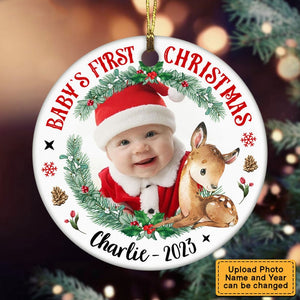 Photo Deer Baby's First Christmas Circle Ceramic Ornament