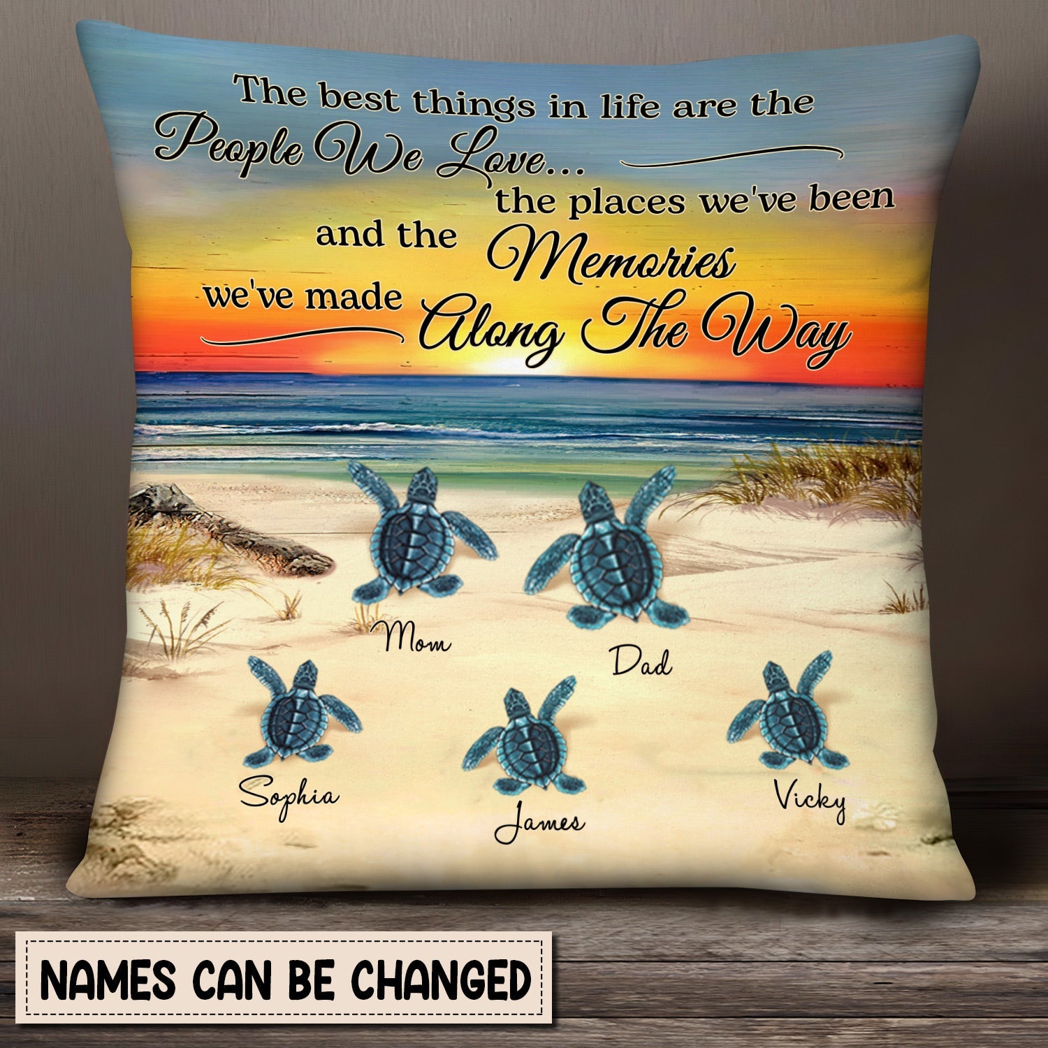 The best things in life Turtle Family On The Beach Sunset Personalized Pillow