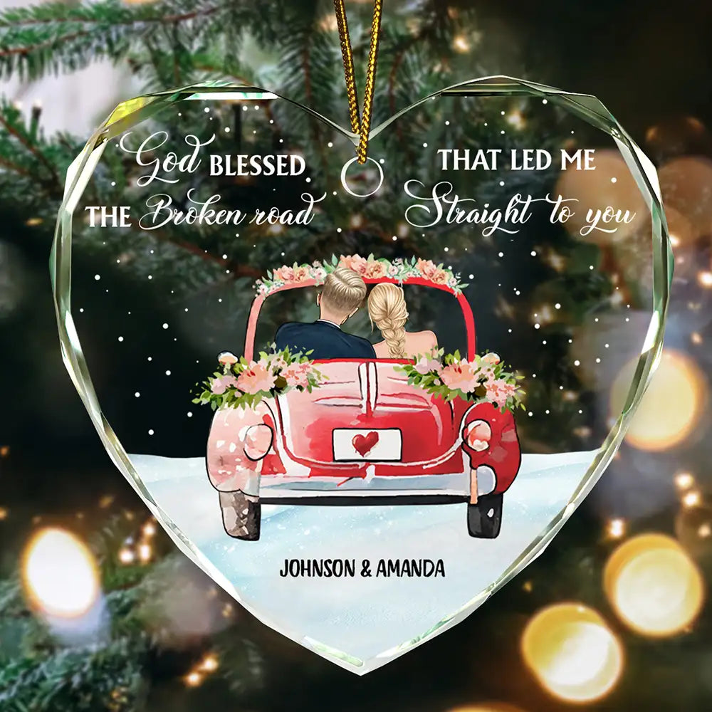 God Blessed The Broken Road Christmas Couples - Personalized Heart Shaped Glass Ornament