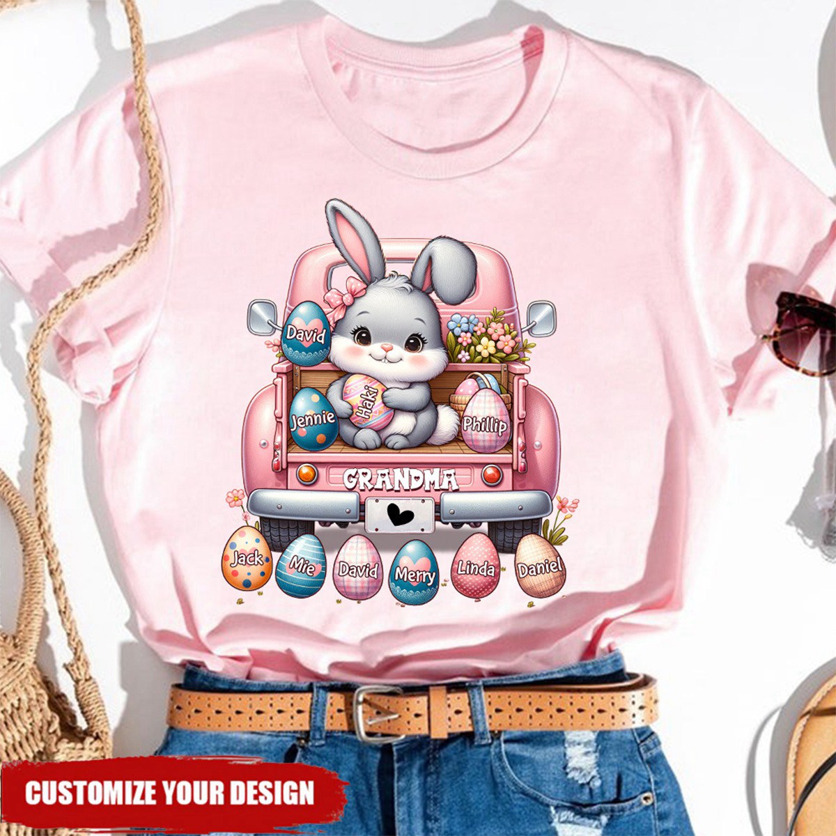 Grandma Bunny With Easter Egg Grandkids Personalized T-shirt