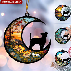 Customized Puppy Pet Dog Breeds On Moon Car Suncatcher Ornament