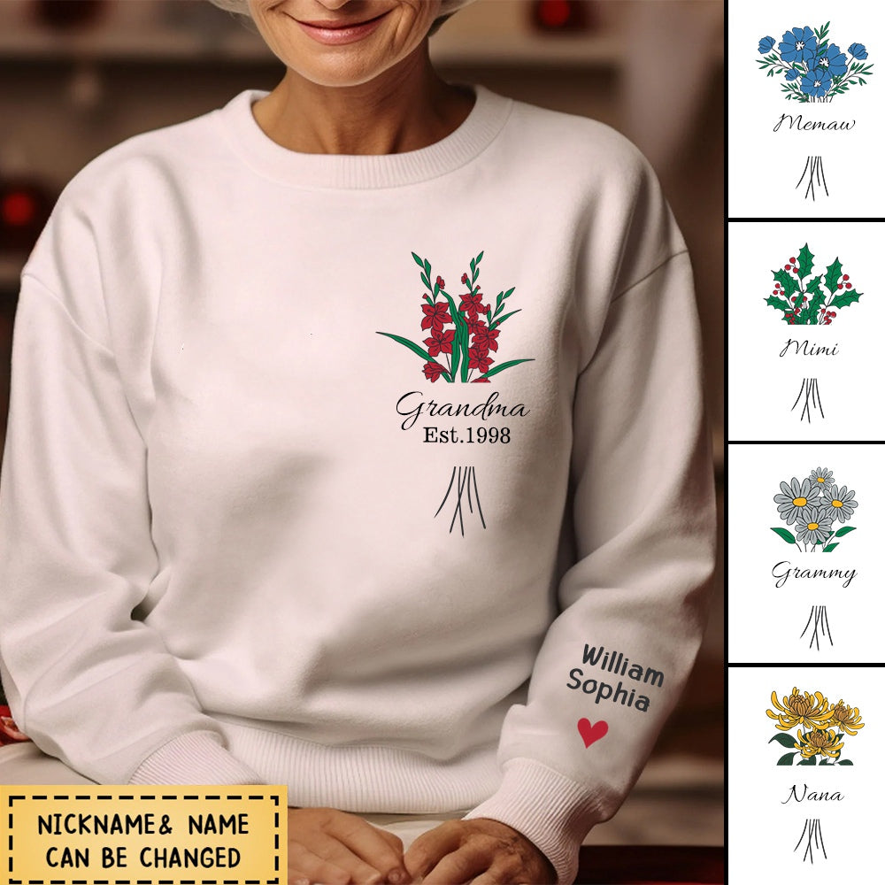 Grandma Birth Month Flowers - Personalized Embroidered Shirt