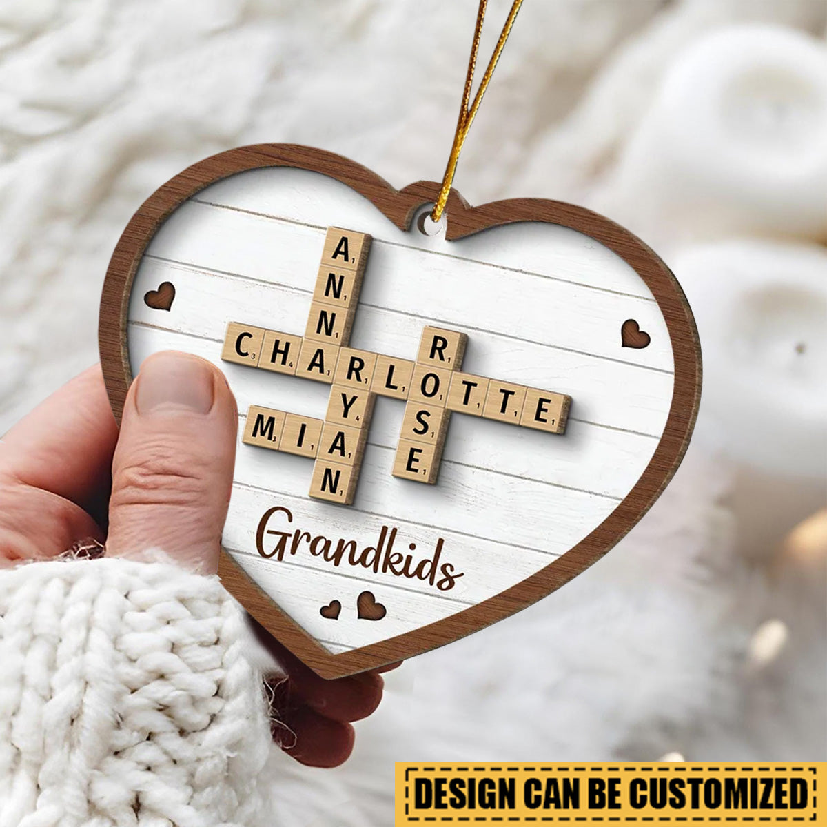 Grandkids Crossword Puzzle Art Personalized Heart Wooden Ornament