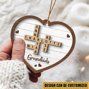 Grandkids Crossword Puzzle Art Personalized Heart Wooden Ornament