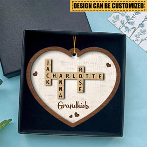 Grandkids Crossword Puzzle Art Personalized Heart Wooden Ornament