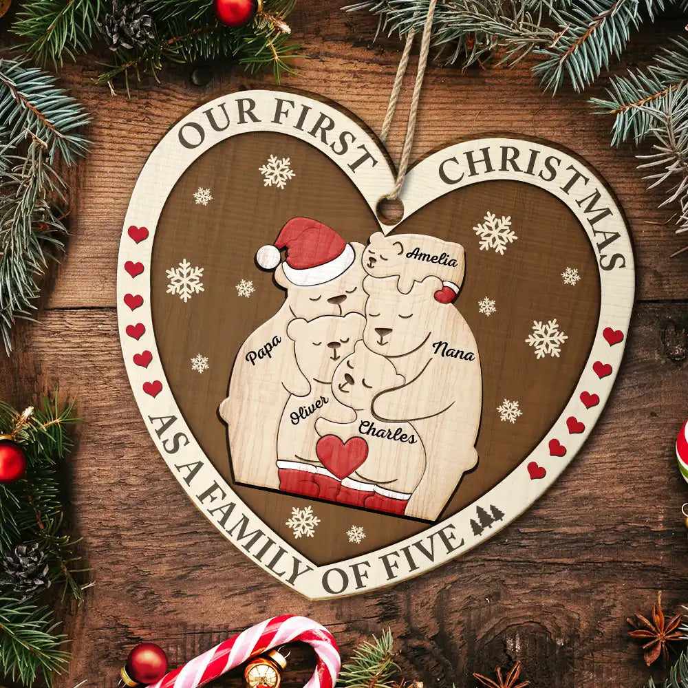 First Christmas As A Family Of Three Bears - Personalized Custom Shaped Wooden Ornament