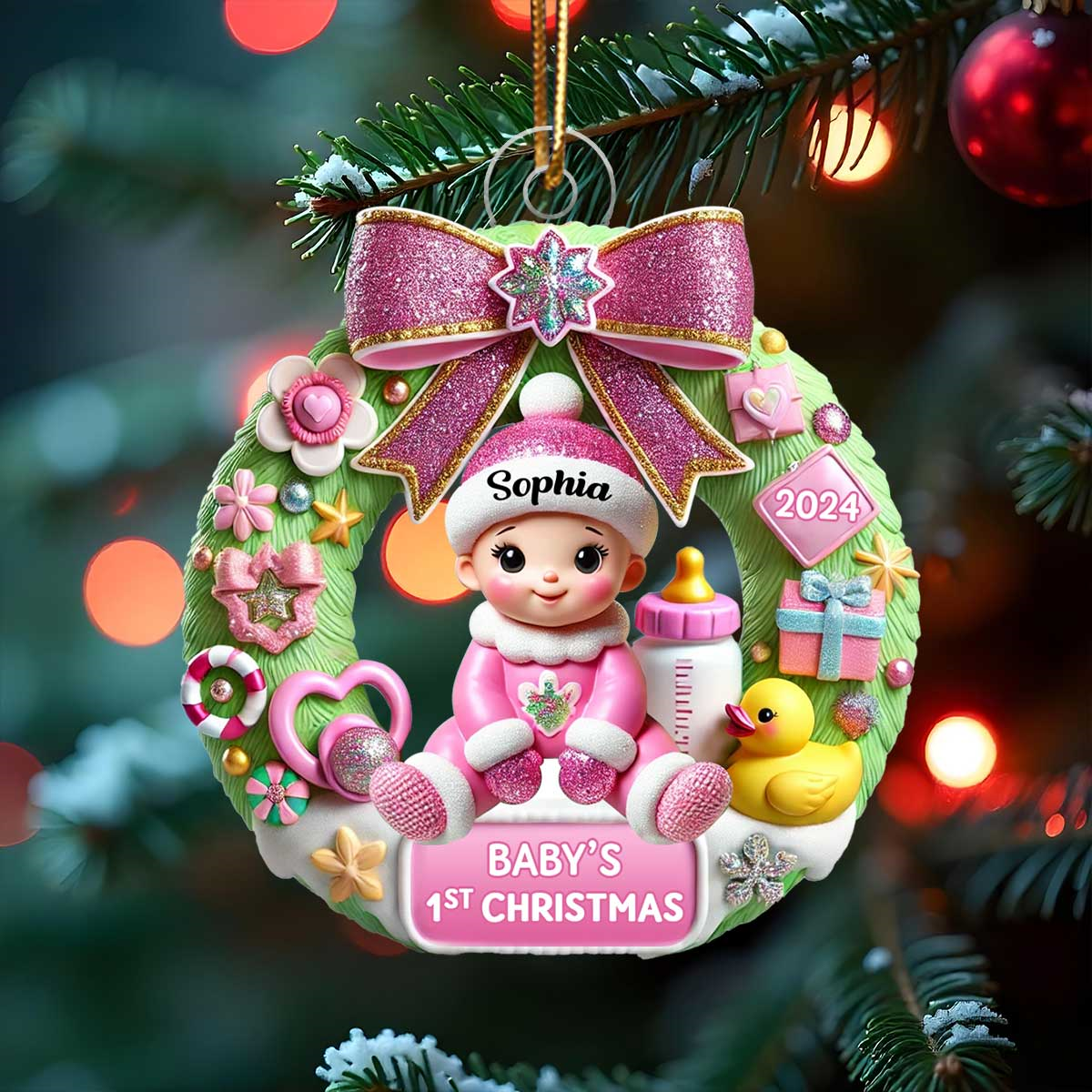 Personalized Wreath Baby's First Christmas 3D Effect Acrylic Ornament - Gift for Newborn