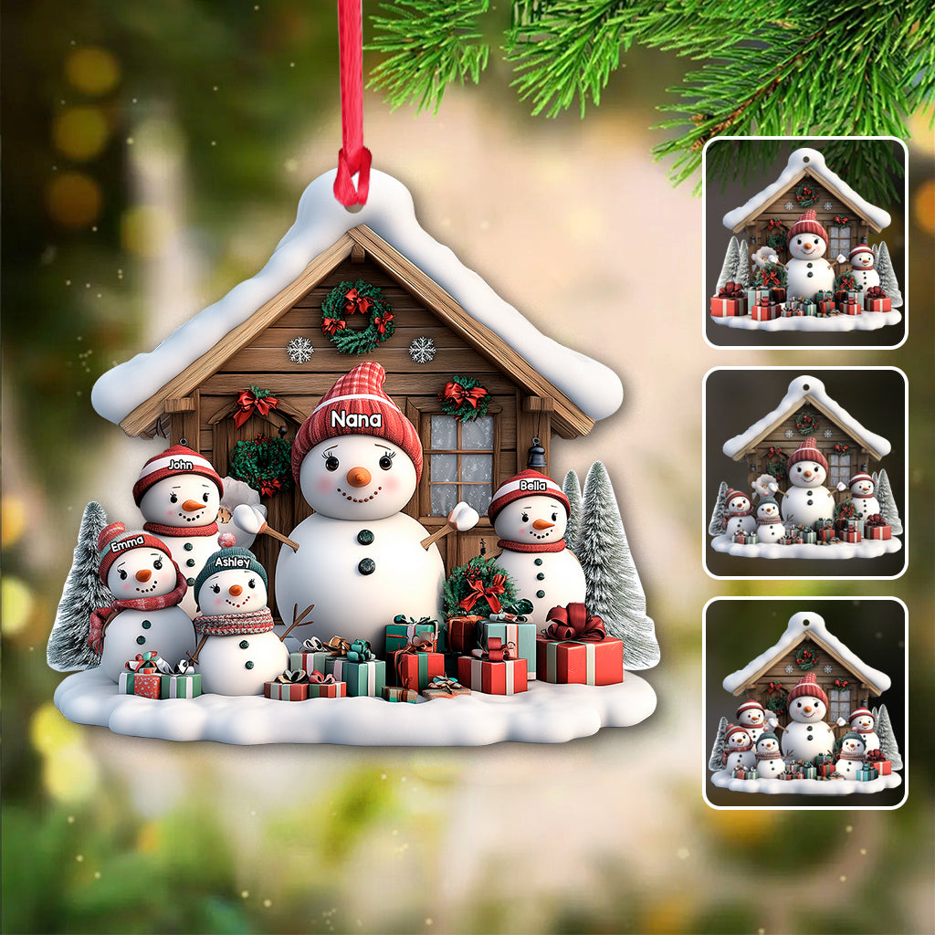 Personalized Christmas Snowman Family And Wooden House Ornament