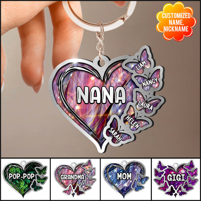 Sparkling Grandma- Mom Heart Butterfly Kids, Multi Colors Personalized Acrylic Keychain