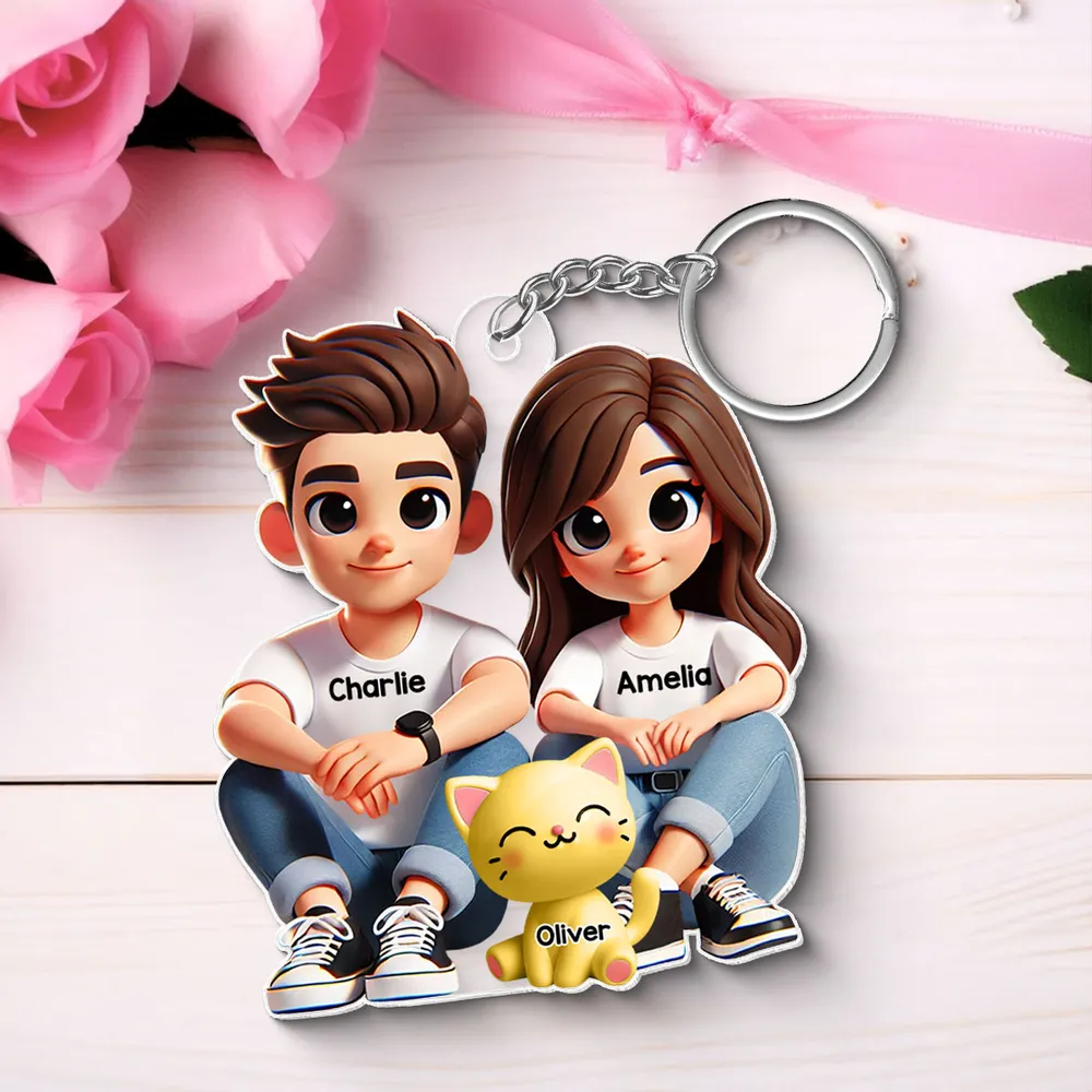 3D Effect Cute Couple And Dogs Cats Sitting Personalized Acrylic Keychain