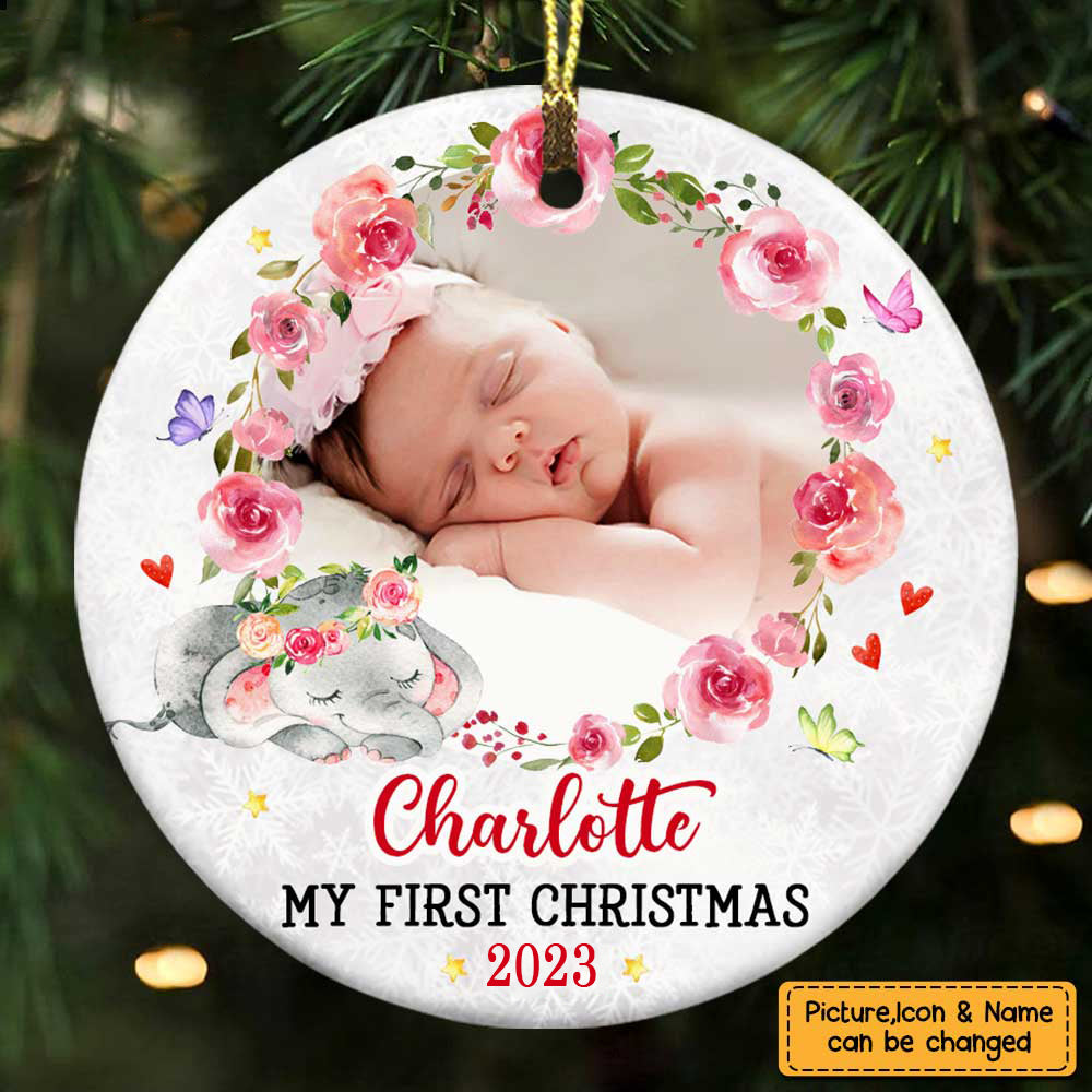 Baby's First Christmas Elephant - Personalized Ceramic Ornament