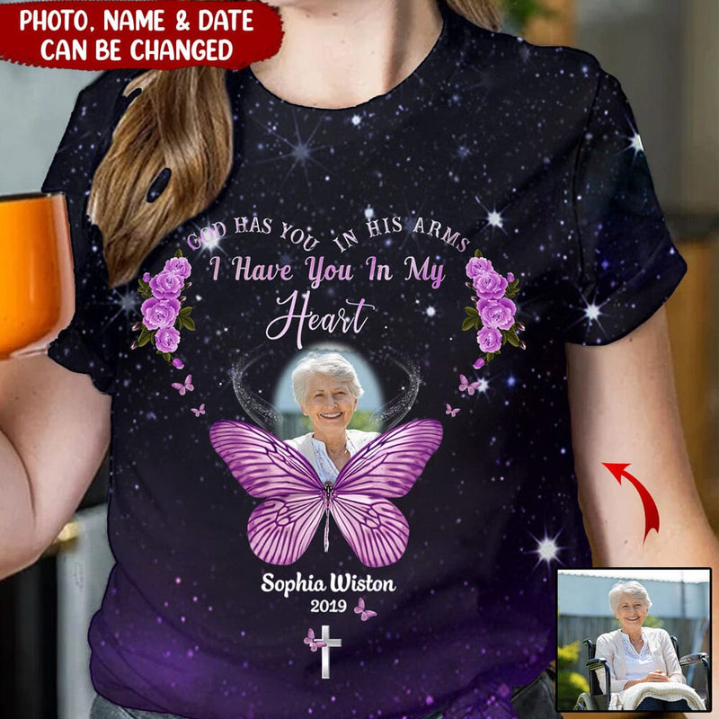 Personalized upload photo memorial 3d T-shirt God has you in his arms I have you in my heart
