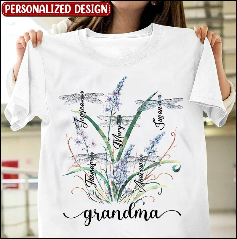Personalized Dragonfly Grandma Mom Auntie with Grandkids White T-shirt Perfect Mother's Day Gift