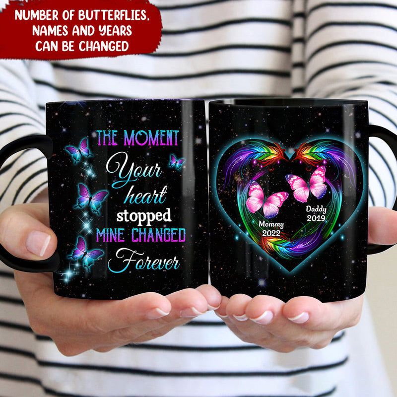 The Moment Your Heart Stopped Mine Changed Forever Butterfly Feather Pattern Custom Gift Memorial Black Mug