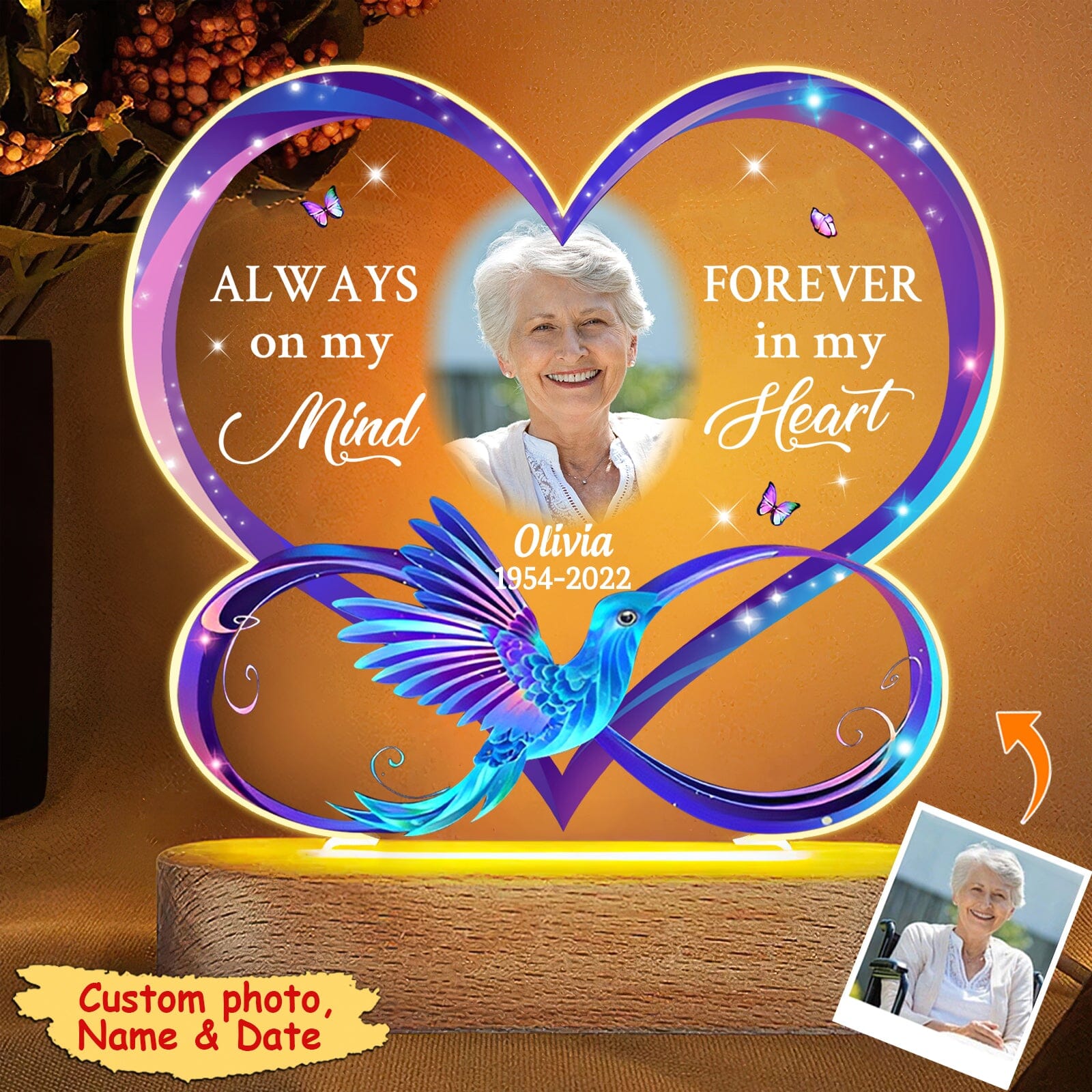 Always on my mind Forever in my heart - Personalized memorial Acrylic plaque LED lamp night light