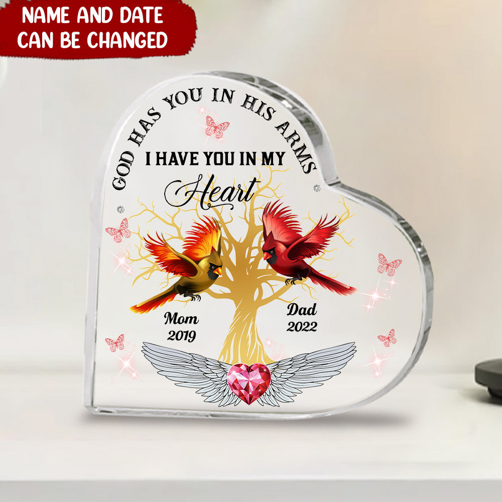 Cardinals God Has You In His Arms Memorial Personalized Acrylic Heart Crystal