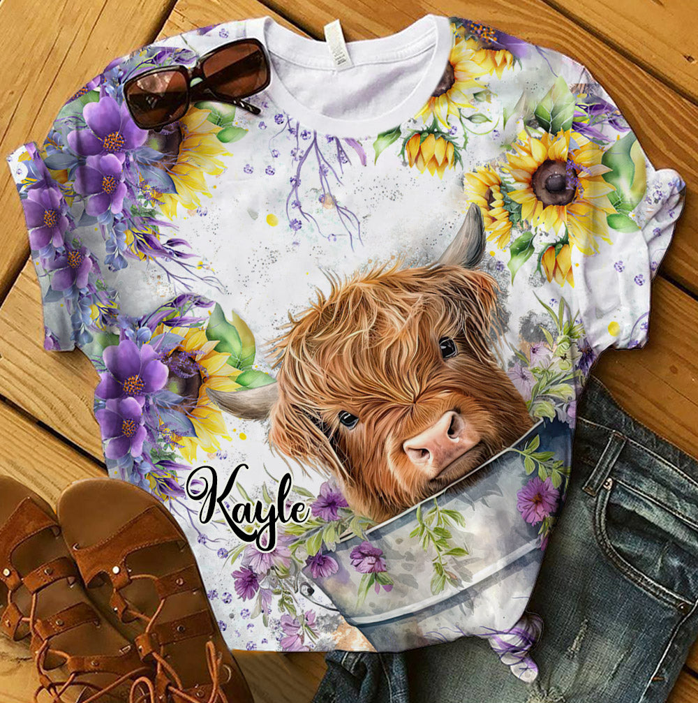 Flower Baby Highland Cow In Bucket, Love Cow Cattle Farm Personalized 3D T-shirt
