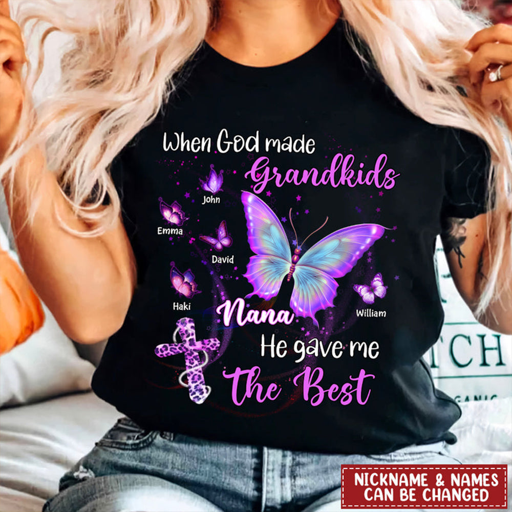 Sparkling Jesus Butterfly Grandma Grandkids-When God Made Grandkids He Gave Me The Best Personalized Shirt
