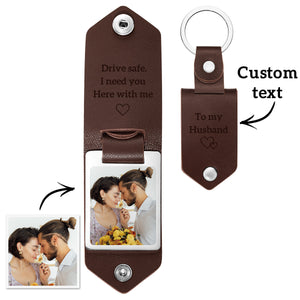 Drive Safe Keychain Personalized Leather Photo Text Keychain Anniversary Gift For Boyfriend With Engraved Text