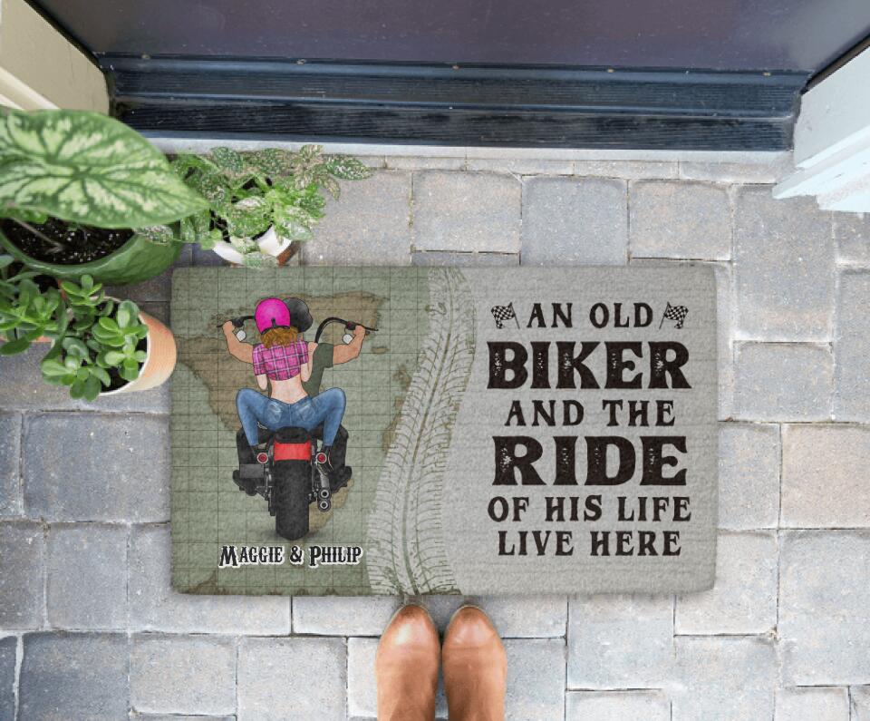 An Old Biker And The Ride Of His Life Live Here - Personalized Gifts Custom Motorcycle Doormat For Couples, Motorcycle Lovers