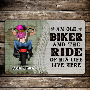 An Old Biker And The Ride Of His Life Live Here - Personalized Gifts Custom Motorcycle Doormat For Couples, Motorcycle Lovers