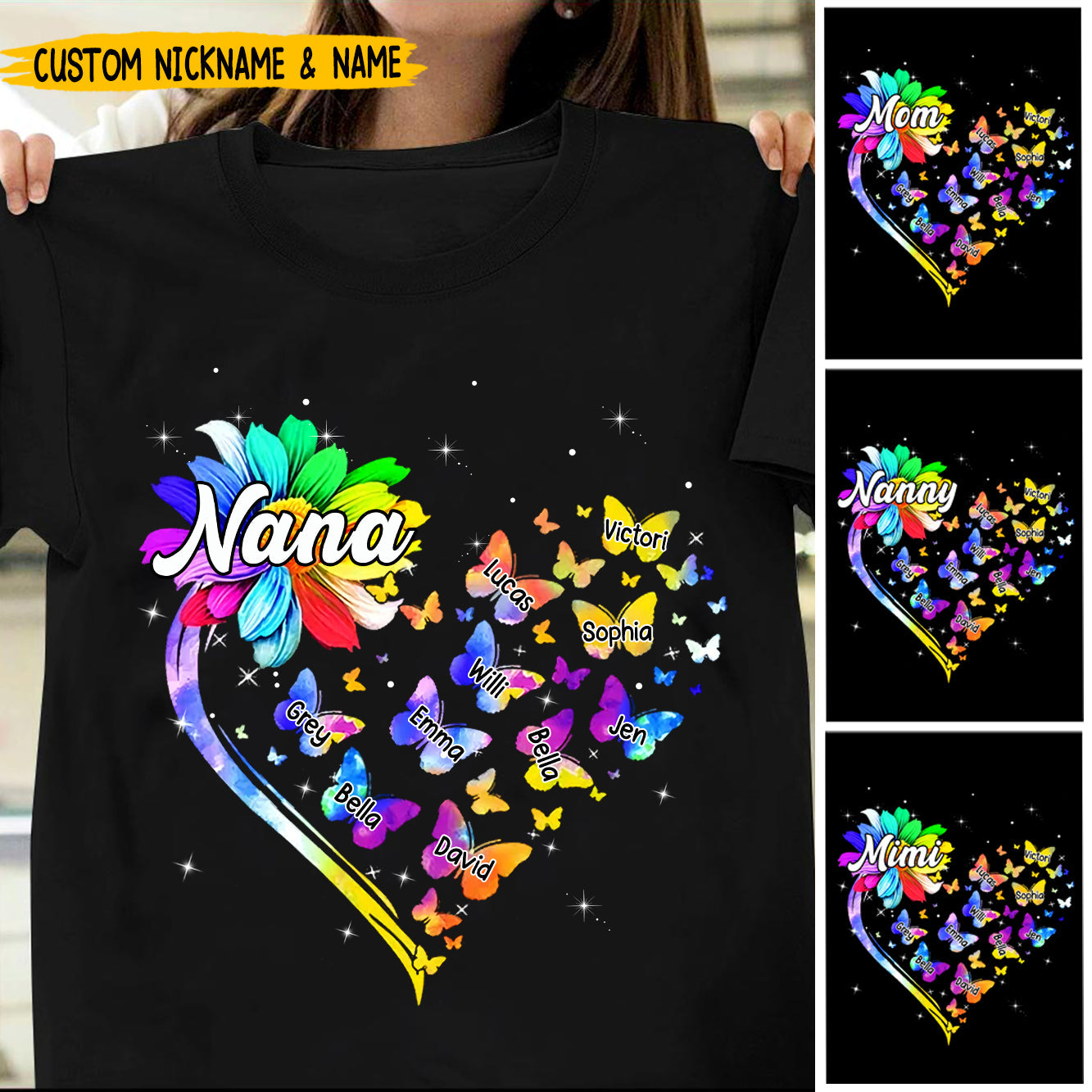 Colorful Sunflower Grandma Mom Butterflies Mother's Day Personalized T-shirt
