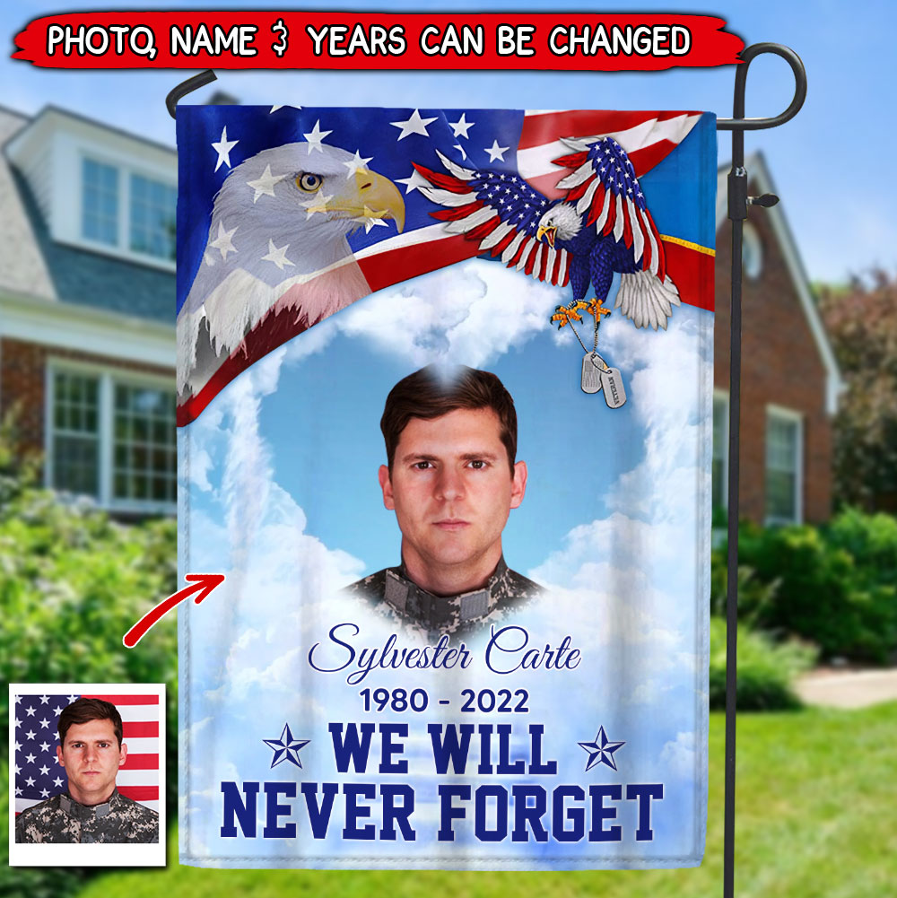 4th Of July Memorial Upload Photo We Will Never Forget American Flag Eagle Personalized Flag