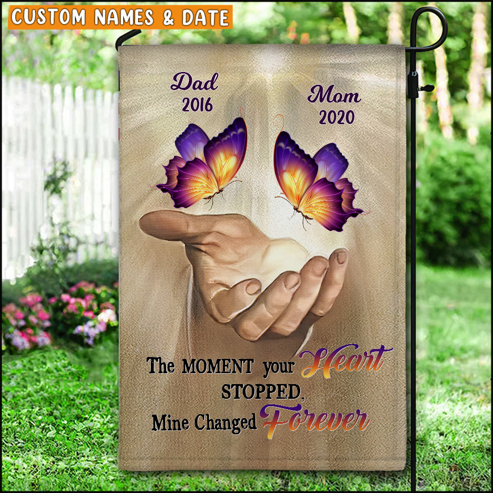 The Moment your heart stopped Mine changed Forever Memorial Butterfly Personalized Flag