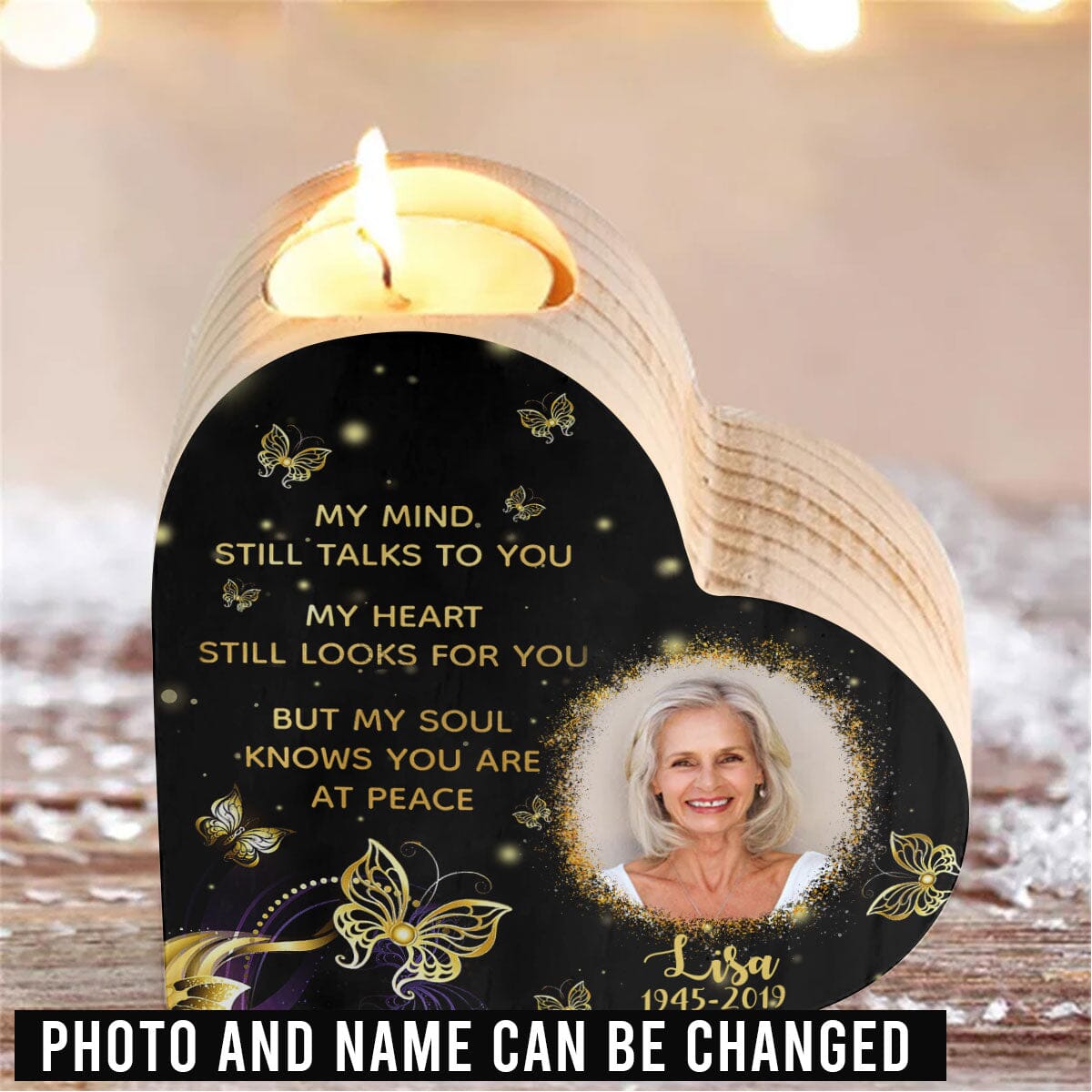 My mind My heart My soul Personalized memorial wooden heart candle holder