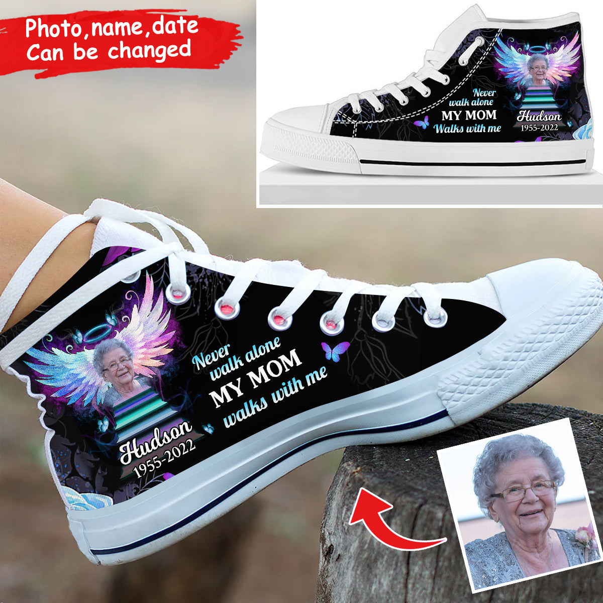 Memorial Upload Photo Wings Heaven, Never Walk Alone My Mom Dad Walks With Me Personalized High Top Shoes